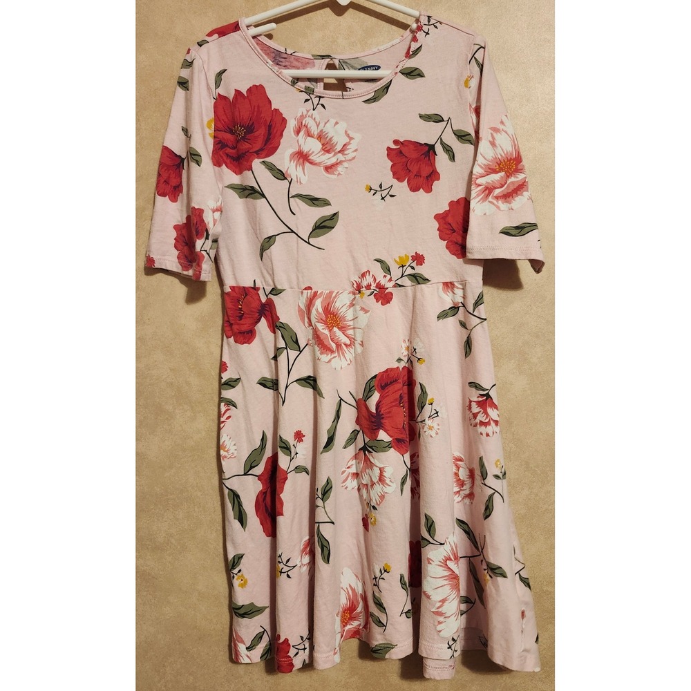 Old Navy Girls Pink Floral Fit and Flare Dress Short Sleeve Size M 8 Cotton